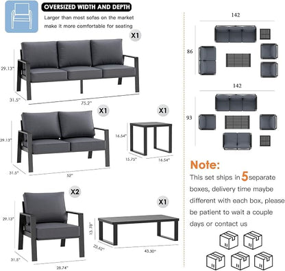 Outdoor Couch 3-Seat All-Weather Metal Outdoor Sofa, Oversized Patio Couch, Aluminum Patio Sofa with 5" Cushions (Black/Dark Grey)