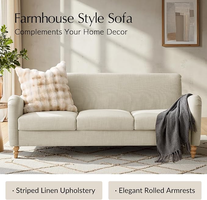 HULALA HOME Farmhouse Curved Couch with Solid Wood Spindle Legs, 3 Seater Sofa with Rolled Wide Armrests, Comfy Upholstered Sofa for Living Room Bedroom, Linen