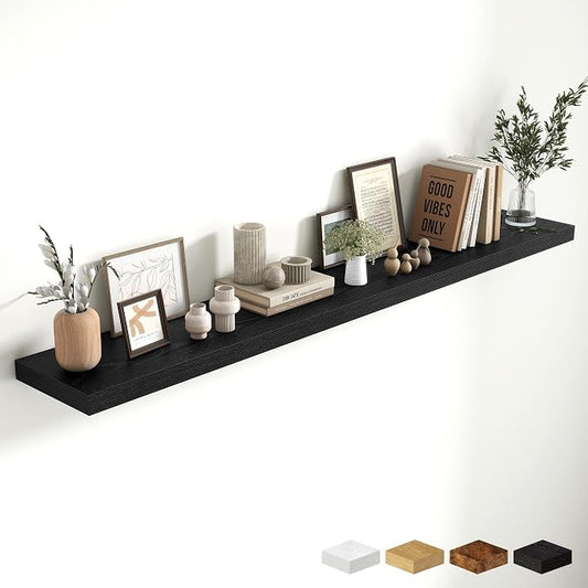 Fun Memories 72 Inch Fireplace Mantel Shelf, 10 Inch Deep Shelves for Display & Wall Storage, Rustic Wood Wall Shelf, Extra Long Floating Shelves for Living Room Laundry Room, Black, Set of 1