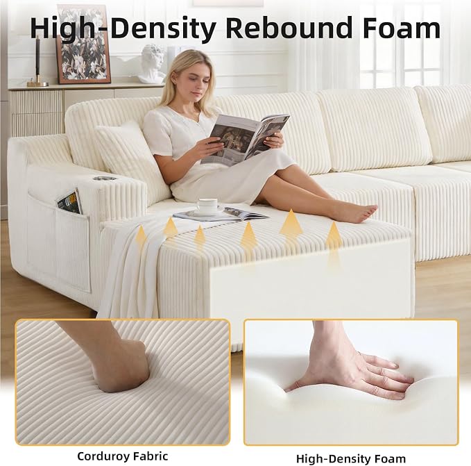 130" U-Shaped Modular Sectional Sofa with Chaise, Boneless Corduroy Flexible Module Seating for Living Room, Cloud Couch with Cup Holders and Side Pockets, No Assembly (Beige)