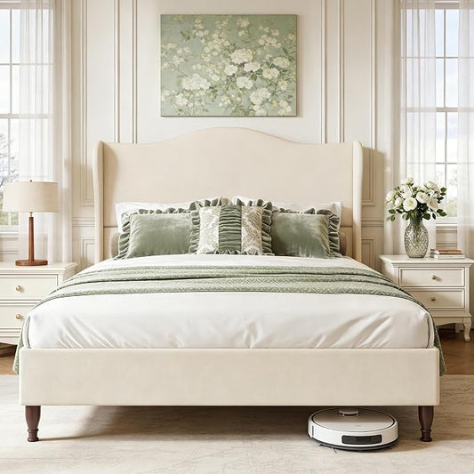 Welzona Full Size Bed Frame 51" Tall Wingback Headboard, Soft Fabric Upholstered Platform Bed with Solid Wood Legs and Wooden Slats Support, No Box Spring Needed, Easy Assembly,Beige