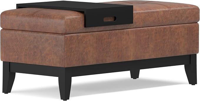 SIMPLIHOME Oregon Storage Ottoman Bench with Tray - 42 inch Wide Vegan Leather Rectangle Storage Ottoman Bench in Distressed Saddle Brown, Transitional Tufted Ottoman for Living Room with Lift-Up Lid