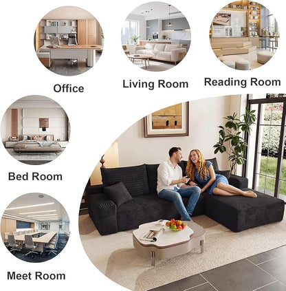 107.5" Cloud Sectional Couch L-Shaped Chaise, Comfy Corduroy Boneless Couch for Living Room Bedroom, Deep Seat Upholstered Modular Cloud Sofa Sleeper, No Assembly Required (Black, Right Facing Chaise)