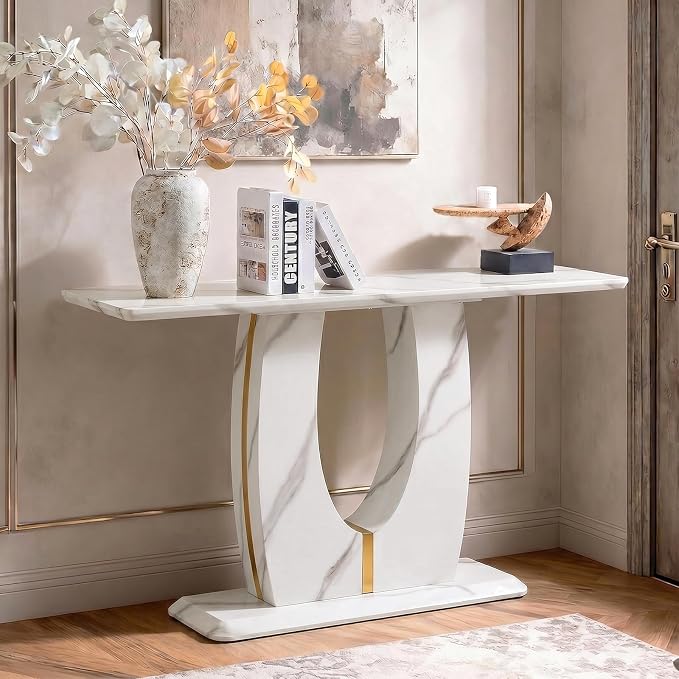 LKTART 55" MDF Console Table for Entryway, Narrow Entryway Table with Faux Marble Pattern, Couch Tables Behind Sofa with U-Shaped Base for Living Room Hallway Foyer, White