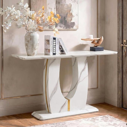 LKTART 55" MDF Console Table for Entryway, Narrow Entryway Table with Faux Marble Pattern, Couch Tables Behind Sofa with U-Shaped Base for Living Room Hallway Foyer, White