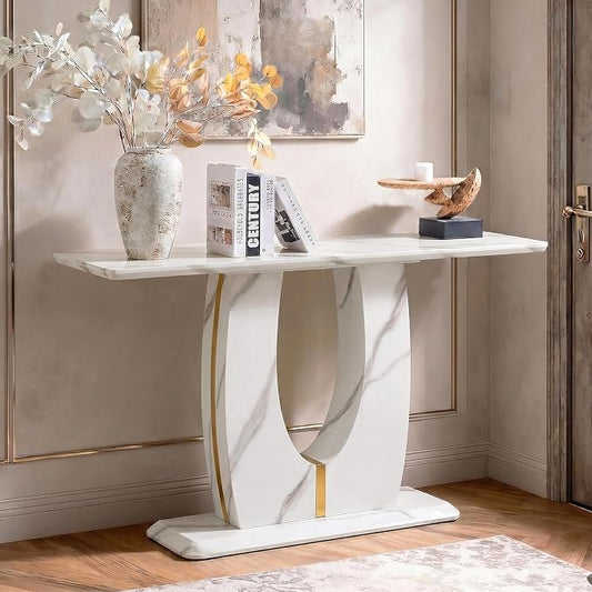 LKTART 55" MDF Console Table for Entryway, Narrow Entryway Table with Faux Marble Pattern, Couch Tables Behind Sofa with U-Shaped Base for Living Room Hallway Foyer, White