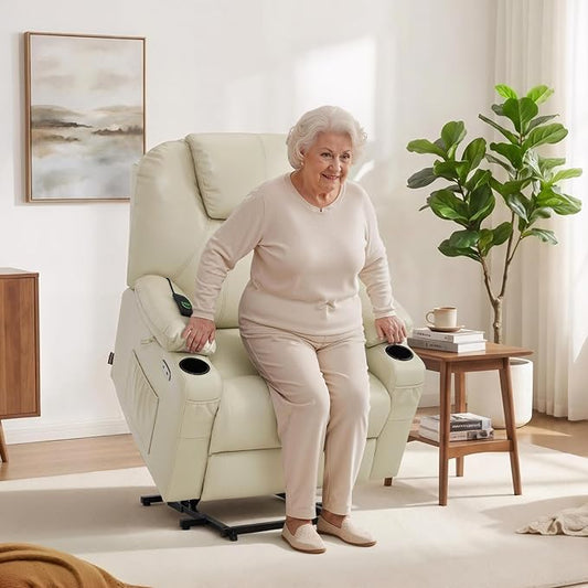 MCombo Extra Wide Power Lift Recliner Chair for Elderly, Lift Chair with Heat and Massage for Big People, USB&Type C Ports, Cup Holders, Faux Leather R7045 (Cream White, Medium-Wide)