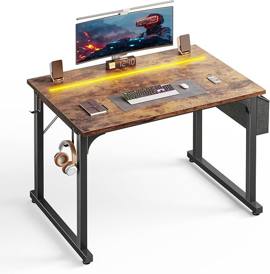 DurayLoly 32" Computer Desk with Waterproof LED Lights,Bedroom Study Desk for Teens,Dorm Room Essentials,Headphone Hook&Storage Bag for Small Spaces,Sturdy Metal Frame,Rustic Brown