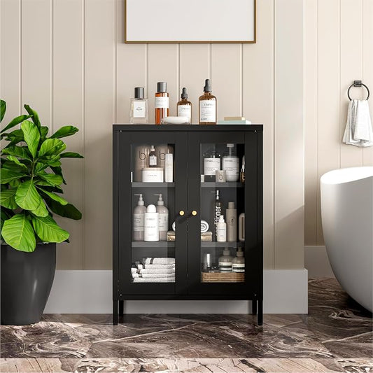 Metal Bathroom Cabinet, Small Floor Storage Cabinet, Freestanding Sideboard with 2 Adjustable Shelves for Living Room, Dining Room