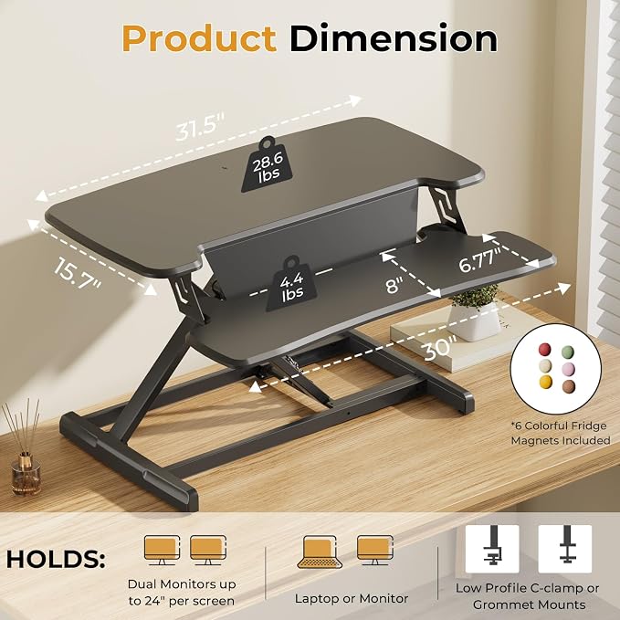 JOY worker Standing Desk Converter, 32" Height Adjustable Sit Stand Up Desk Riser with Keyboard Tray & 6 Fridge Magnets, Desktop Workstation Riser for Home Office Computer Laptop, Black