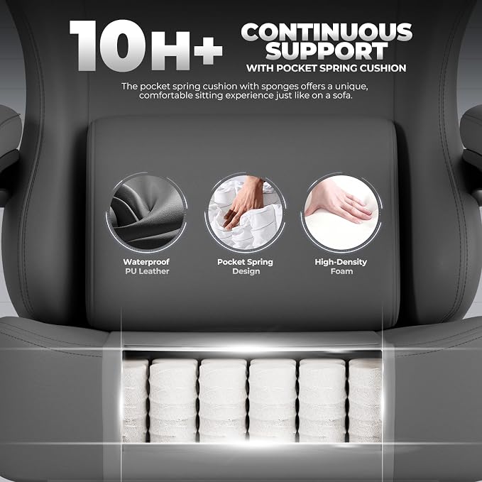 GTPLAYER Gaming Chair with Pocket Spring Cushion, Big and Tall Gamings Chairs 350LBS High Back Computer Chair with Footrest for Adults Lumbar Support Swivel Game Chair for Office, Leather Grey