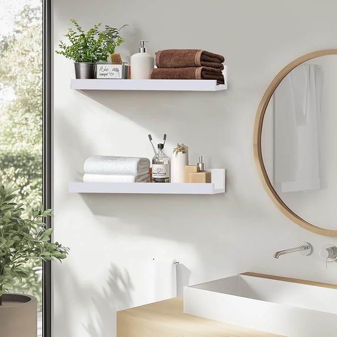 Muzilife 12" Small Floating Wall Ledge Shelves with Lip - Set of 2 Wood Floating Shelves - White Wall Mounted Picture Ledge for Office, Bathroom, Bedroom, Living Room, Kitchen