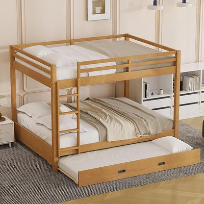 MERITLINE Queen Over Queen Bunk Bed with Twin XL Trundle, Solid Wood Bunk Bed with Ladders and Guardrails for Adults (Natural Wood)