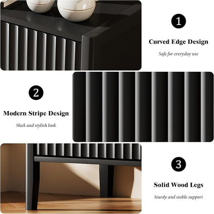 Furniway 31.5" Wide Black 3 Drawer Nightstand, Modern Fluted Bedside Table with Metal Handles, Large Storage End Table for Bedroom
