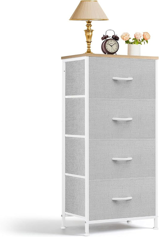 4 Drawers Dresser for Bedroom, Fabric Storage Tower Organizer with Wooden Top and Steel Frame, Tall Chest of Drawers for Closet, Entryway, Dorm, Light Gray