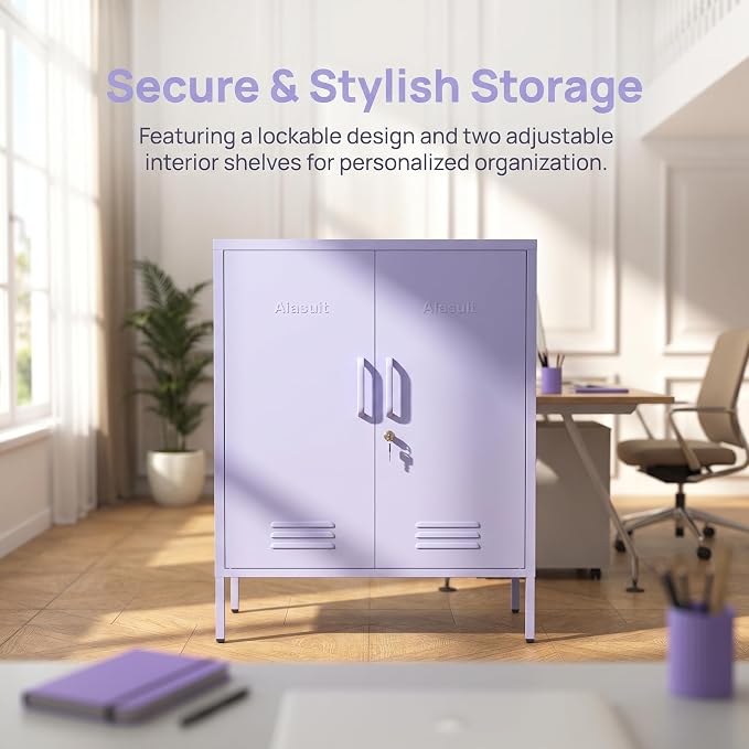 Multipurpose Accent Cabinet Locker, Metal Storage Cabinet with 2 Adjustable Shelves, Heavy Duty & Lockable Organizer Made of Thickened Steel, Easy Assembly for Home, Entryway, Purple