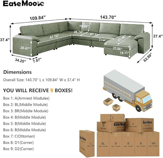 EASE MOOSE Faux Leather Sectional with Ottoman,Oversized Modular Couch,Vintage Modular Sectional Sofa with Deep Seat,Scratch Resistant Faux Leather Material,U Shaped Couch for Big Spaces, Green