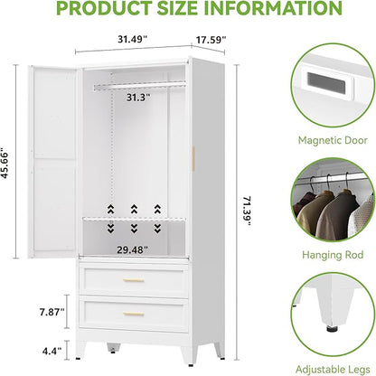 Baborokic Metal Wardrobe Cabinet with Hanging Rod,71" Armoire Wardrobe Closet with 2 Drawers,Farmhouse Bedroom Armoire,Storage Cabinets with Door and Shelves for Bedroom,Laundry Room(White)