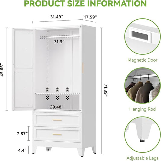 Baborokic Metal Wardrobe Cabinet with Hanging Rod,71" Armoire Wardrobe Closet with 2 Drawers,Farmhouse Bedroom Armoire,Storage Cabinets with Door and Shelves for Bedroom,Laundry Room(White)