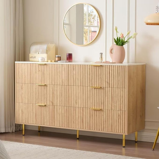 Fluted 6 Drawers Dresser for Bedroom with Faux Marble Top, 56" Wide Chest of Drawers Closet Clothes Storage Organizer, Modern TV Stand Dressers for Living Room, Hallway, Natural Oak