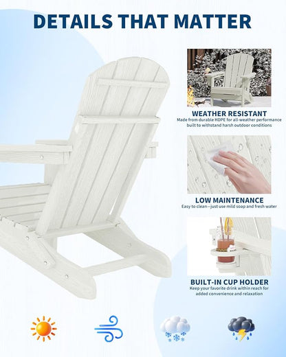Garvee Folding Adirondack Chair with Ottoman, HDPE Outdoor Patio Chair with Cup Holder, All Weather Resistent Wooden Textured for patios, Decks, Gardens, fire Pit, White