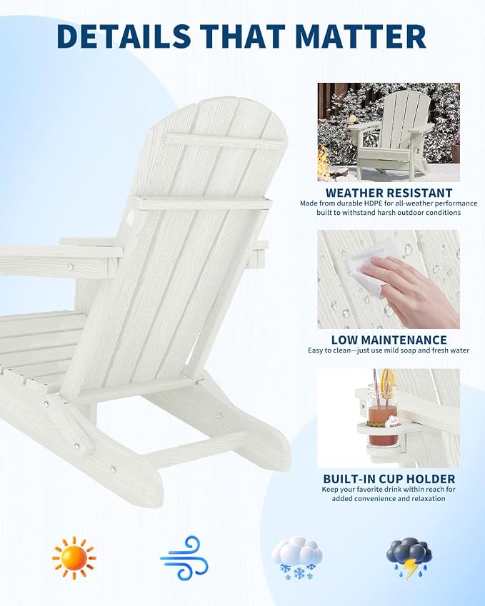 Garvee Folding Adirondack Chair Set of 4, HDPE Outdoor Patio Chair with Cup Holder, All Weather Resistent Wooden Textured for patios, Decks, Gardens, fire Pit, White