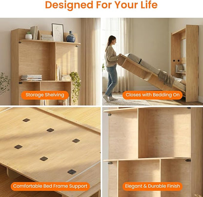 CECER Vertical Murphy Bed Queen，Save Space for Offices/Guest-Natural Wood | Multi-Functional Queen Murphy Cabinet Beds with Storage Shelf/Bookshelf，Sturdy frame ＆ Easy Assemble