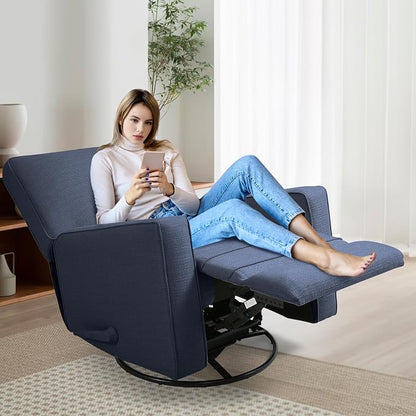 Manual Rocker Recliner Chair for Adults, High Back Glider with Deep Seat, Upholstered Fabric Armchair for Living Room & Nursery (Blue Linen)