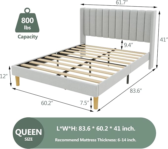 alazyhome Platform Bed Frame Queen Size with Upholstered Headboard, Solid Wood Slats Support, No Box Spring Needed, Noise Free, Easy Assembly, Modern Fabric Bed, Light Grey