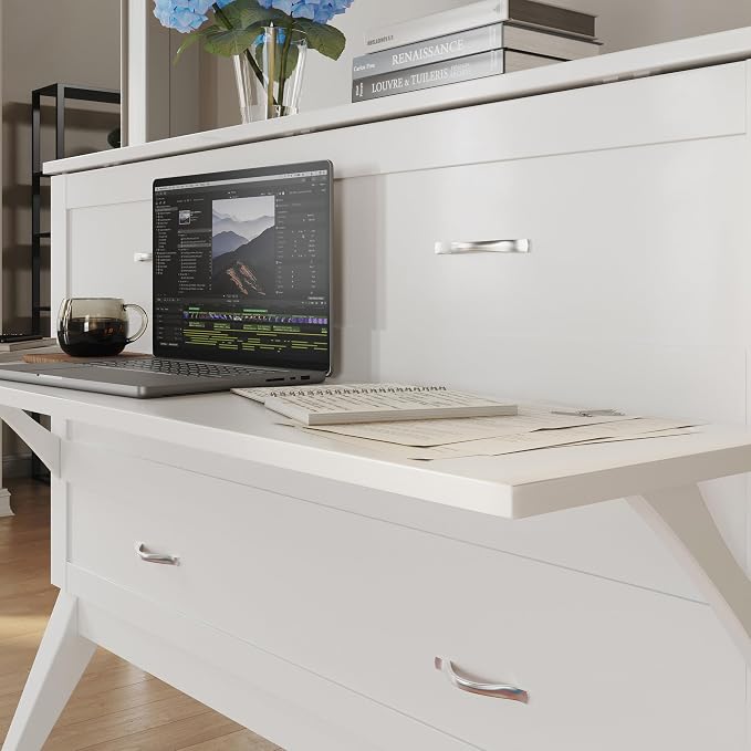 AFI, Northampton Full Size Murphy Bed Desk with Memory Foam 6" Mattress and Built-in USB Charger, White