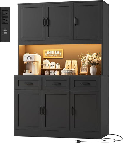 HOSTACK 72" Tall Kitchen Pantry Cabinet with Charging Station | LED Lights, 47" W Kitchen Pantry Storage Cabinet with Countertop, Modern Kitchens Hutch Cabinets with Storage for Dining Room, Black