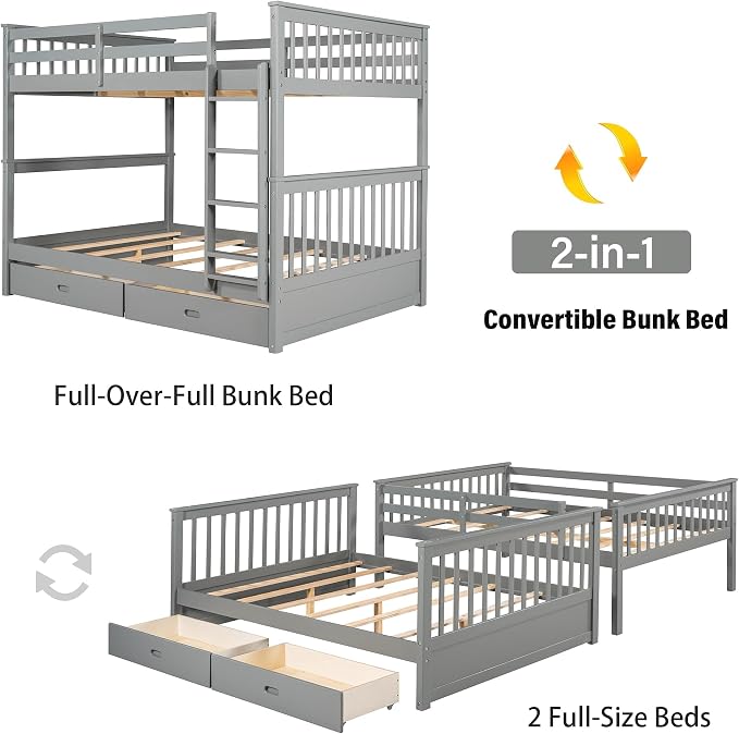 Merax Wood Bunk Bed with Drawers,Convertible Wood Bunk Bed with Ladders and Two Storage Drawers,Solid Wood Detachable Bed Frame with Ladders,Full Over Full,Grey