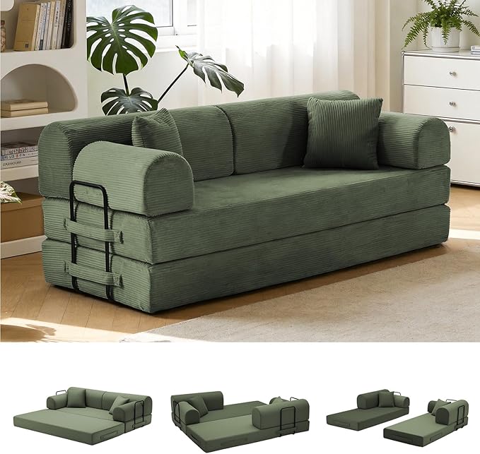 79'' Convertible Sofa Bed, 6 in 1 Folding Floor Futon Couch Sleeper with Fixed Frame, Corduroy Modular Sofa Bed with Removable Armrests & Pillows, No Assembly for Living Room Bedroom (Light Green)