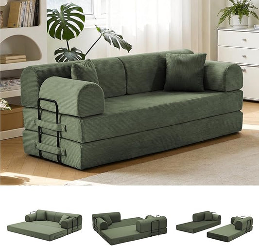 79'' Convertible Sofa Bed, 6 in 1 Folding Floor Futon Couch Sleeper with Fixed Frame, Corduroy Modular Sofa Bed with Removable Armrests & Pillows, No Assembly for Living Room Bedroom (Light Green)