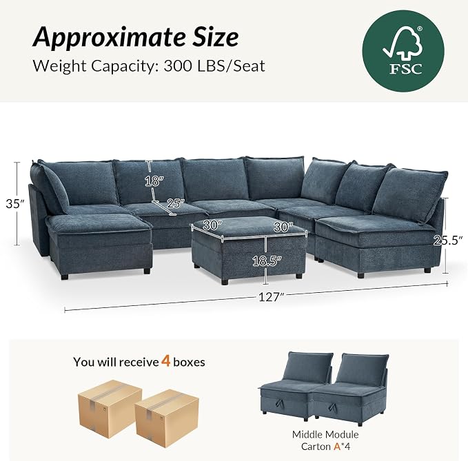 HULALA HOME Oversized Modular Sectional Sofa, 8 Seat U Shaped Couch with Storage Ottoman, Comfy Chenille Sofa with Deep Seat, Convertible Sectional Couches for Living Room, Blue