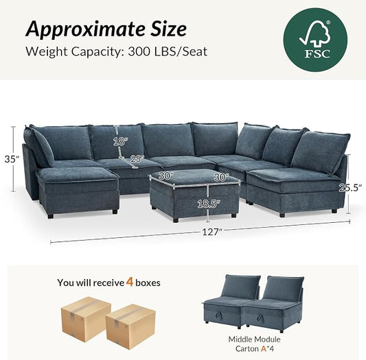 HULALA HOME Oversized Modular Sectional Sofa, 8 Seat U Shaped Couch with Storage Ottoman, Comfy Chenille Sofa with Deep Seat, Convertible Sectional Couches for Living Room, Blue