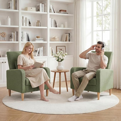 COLAMY Mid-Century Modern Accent Chair, Fabric Upholstered Living Room Chair with Back Pillow & Solid Wood Legs, Comfy Armchair for Living Room, Bedroom, Single Sofa, Green