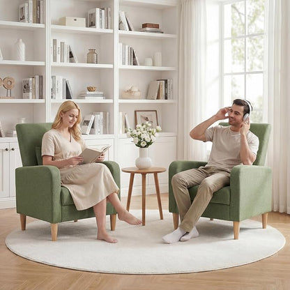 COLAMY Mid-Century Modern Accent Chairs Set of 2, Fabric Upholstered Living Room Chairs with Back Pillow & Solid Wood Legs, Comfy Armchair for Living Room, Bedroom, Single Sofa, Green
