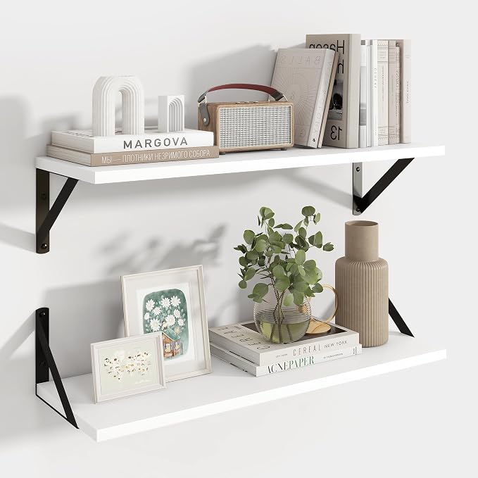 Axeman 24 Inch White Floating Shelves | 8 Inch Deep Wall Shelves Set of 2 | 24''W x 8''D Rustic White Wood Shelves for Bathroom Kitchen Living Room Bookshelf Home Office
