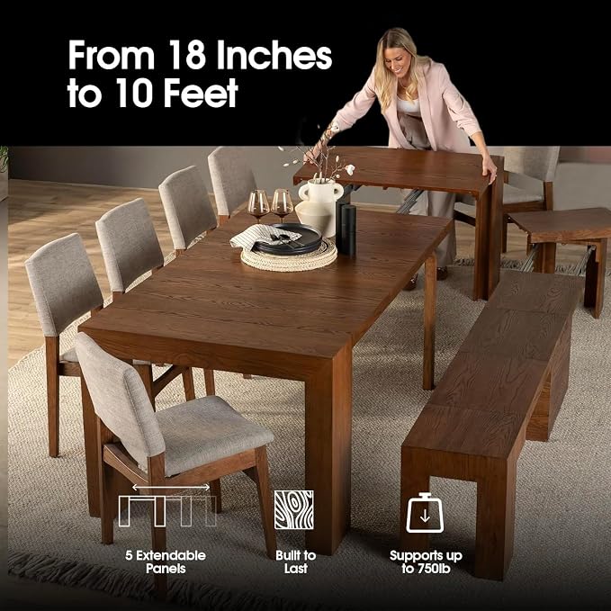 Transformer Table - Solid Wood Extendable Dining Table with 4 Stackable Chairs, Seats 2-12, Expandable Table, Space-Saving Furniture, Dark Walnut, Brown Finish (Table + 4 Chairs)