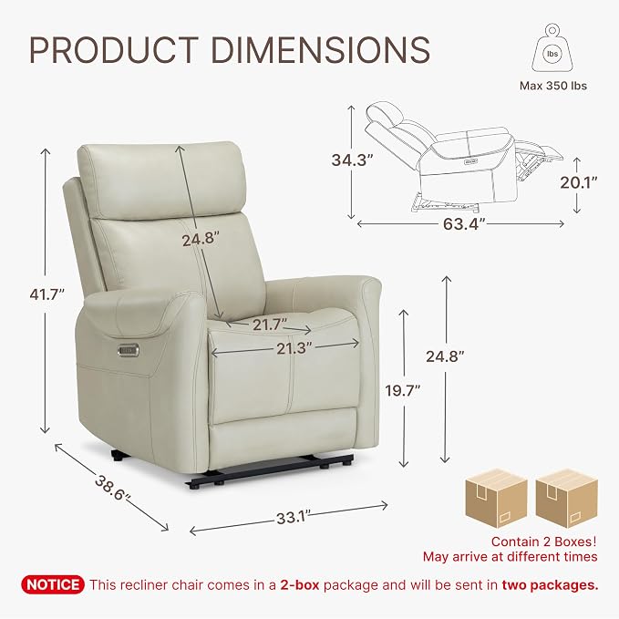 KISLOT Leather Recliner Chair Set of 2, Wall Hugger RV Recliners with USB Charging Ports Electric Power Reclining Sofa for Living Room Home Theater Seating Bedroom