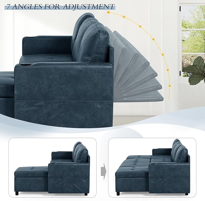 84" L-Shape Pull Out Sofa Bed with Adjustable Backrest, Upholstered Sectional Sleeper Sofa with Storage Chaise, Suede Leather Reversible Couch Bed with USB Port for Living Room, House, Blue