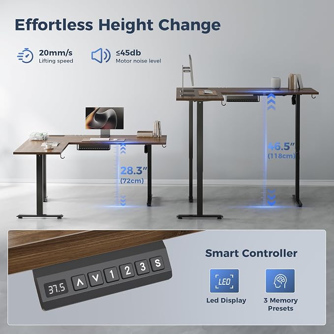 Klicelor L Shaped Standing Desk 75 x 61 Inch,Electric Height Adjustable Corner Desk with Cable Management & Power Outlets, Ergonomic Sit Stand Up Computer Table for Home Office,Dark Walnut