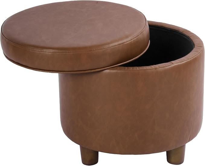 HomePop 19" Round Storage Ottoman - Chestnut Brown Faux Leather
