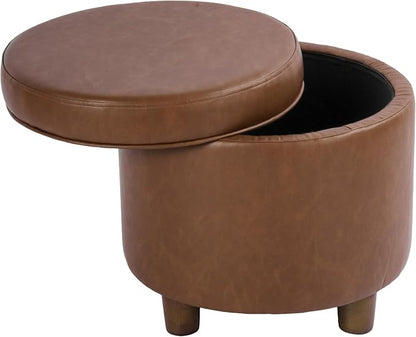 HomePop 19" Round Storage Ottoman - Chestnut Brown Faux Leather