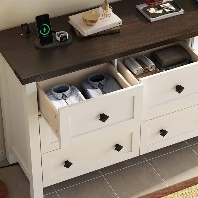 Gyfimoie 10-Drawer Dresser, 63" Farmhouse Wood Storage Chest of Drawers, Long Dresser TV Stand for TVs up to 75", Vintage Wide Dressers Organizer with Metal Handles for Bedroom, White