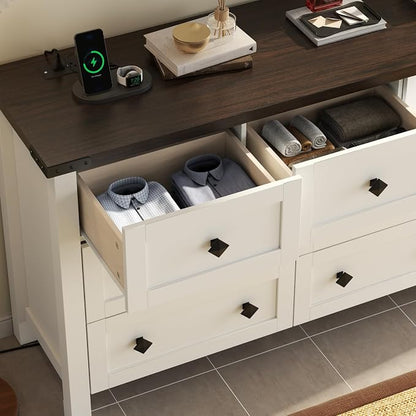 Gyfimoie 10-Drawer Dresser, 63" Farmhouse Wood Storage Chest of Drawers, Long Dresser TV Stand for TVs up to 75", Vintage Wide Dressers Organizer with Metal Handles for Bedroom, White