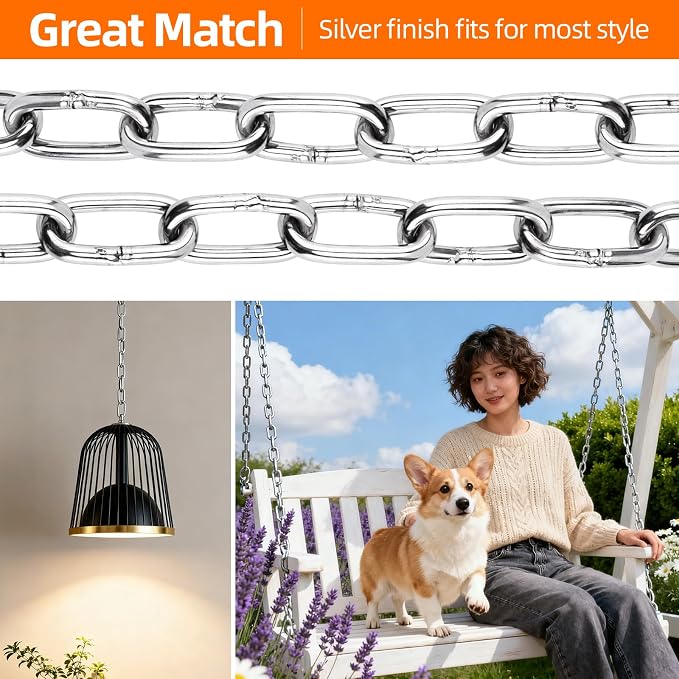 Yaeccc Heavy Duty Porch Swing Hanging Chain Kit,2 Pack Stainless Steel Porch Swing,1500 Lbs Capacity, Indoor/Outdoor Hanging Hardware (Silver, 105'' Long Chain)