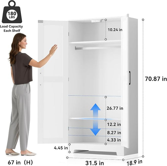Wooden Armoire Wardrobe Closet, Wardrobe Cabinet with Door and Shelves, Freestanding Bedroom Armoires Clothing Storage Cabinet with Hanging Rod for Bedroom, Laundry Room, Cloak Room（White）