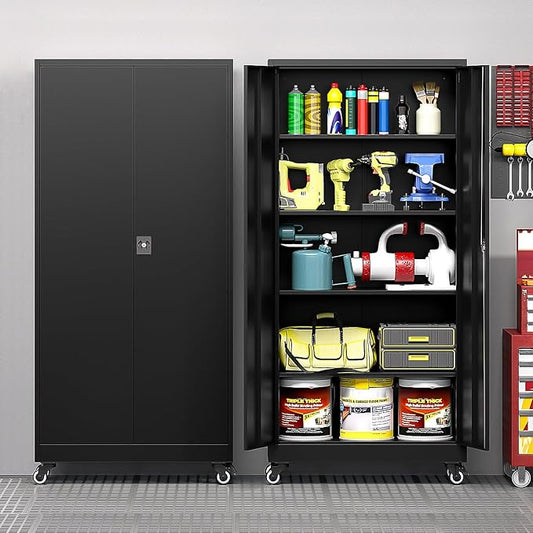 Metal Garage Cabinet with Wheels, 74.5" Tall Lockable Storage Cabinet with 4 Adjustable Shelves and 2 Doors, Tool Cabinet for Garage Home Office,Gym,School(Black)